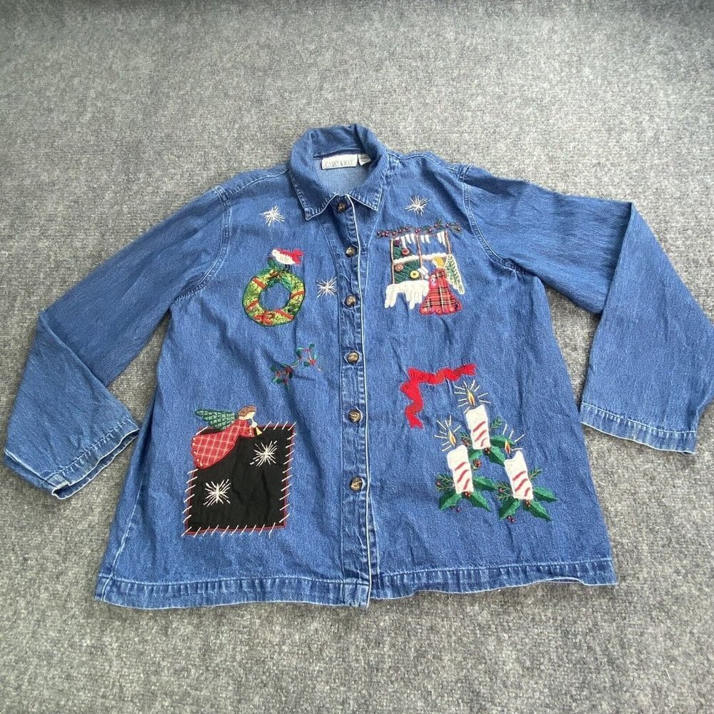 VTG 90s Christmas Casey & Max Denim Shirt Womens L Blue Embroidered Holiday Fest